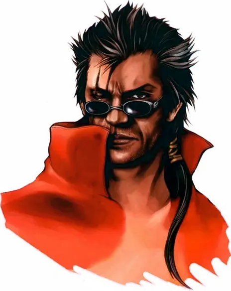 Official art of Auron wearing a strange orange mac that he never actually wears